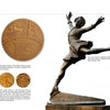 On the left is an Olympic gold medal with a chariot and Greek text; on the right, the book "Figure Skating and the Arts" by Schiffer Publishing, Ltd. highlights ice skating artistry as seen in Vingnesparken, Norway.