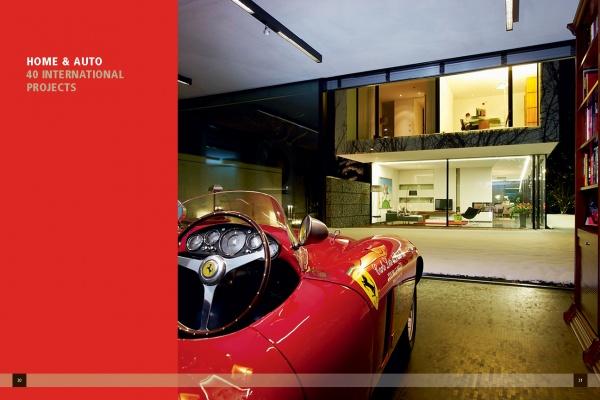 A red vintage Ferrari sits in an innovative garage with views of a stylish home interior. The left side shows a red overlay: HOME & AUTO 40 INTERNATIONAL PROJECTS. Auto-tecture by Schiffer Publishing, Ltd.