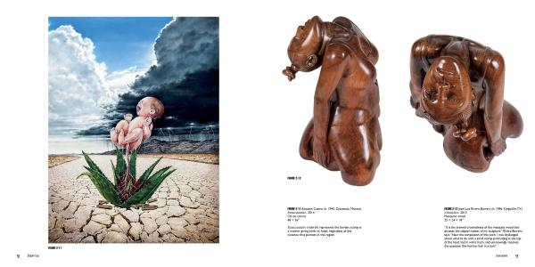 A surreal image from "Icons & Symbols of the Borderland" by Schiffer Publishing, Ltd.: a baby emerges from a green plant on cracked earth, beside two bent wooden human sculptures—a visual echo of US-Mexico border art.