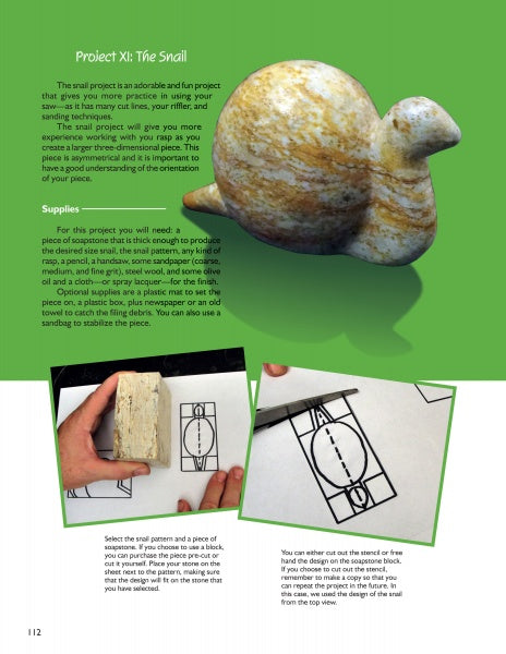 A page from "Introduction to Soapstone Sculpting" by Schiffer Publishing, Ltd. displays a stone snail sculpture and step-by-step illustrated instructions for drawing and carving a snail onto a rectangular piece using soapstone techniques.