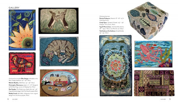 A gallery spread features nine vibrant rugs from Punch Needle Rug Hooking by Schiffer Publishing, Ltd., displaying animal, nature, abstract, octopus, sleeping cat, sunflower, and cube-with-leaves designs crafted with hooking techniques.