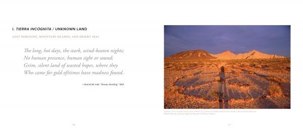 A desert landscape with rugged mountains and orange sunlight. A long shadow stretches across rocky ground. On the left, text describes "America's Outback" by Schiffer Publishing, Ltd., featuring a poem on isolation and vastness.