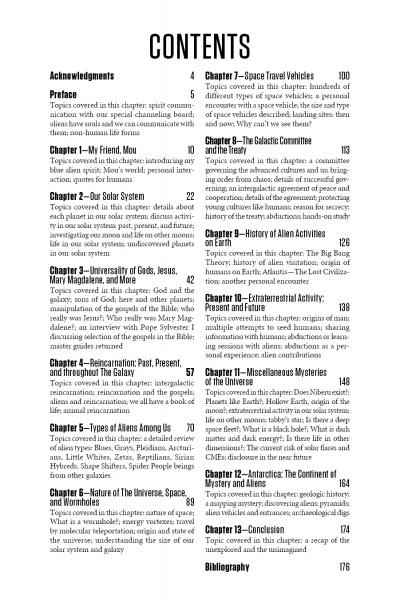 The table of contents for Spirits Speak of the Universe by Schiffer Publishing, Ltd. lists chapters on the solar system, universal wisdom, prophecy, space travel, the Galactic Committee, extraterrestrials, Atlantis, and more. Black text on white background.