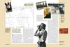 Magazine spread by Schiffer Publishing, Ltd. highlights a chapter on history with text, diagrams, archival photos, a person using binoculars, and images of posters, medals, and the Walther P.38, evoking investigation and WWII Olympic events.