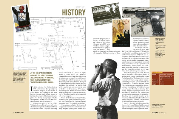Magazine spread by Schiffer Publishing, Ltd. highlights a chapter on history with text, diagrams, archival photos, a person using binoculars, and images of posters, medals, and the Walther P.38, evoking investigation and WWII Olympic events.