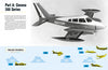 A black and white photo features a Twin Cessna airplane in flight, with model info on the left and a vibrant Schiffer Publishing, Ltd. timeline of Cessna aircraft—like the Cessna 310—along the bottom spanning 1950 to 1980.