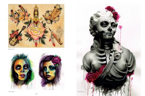 Slave to the Needle by Schiffer Publishing, Ltd. features a collage of art inspired by bold tattoo styles and intricate bodysuit designs.