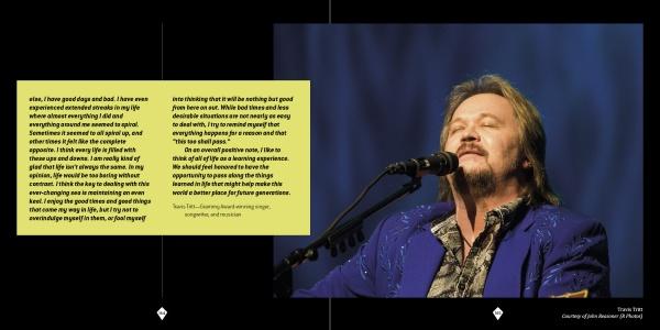 A long-haired, mustached man in a blue patterned jacket sings with eyes closed, breaking biker stereotypes. To the left, yellow text on black highlights "The Meaning of Life According to Bikers" by Schiffer Publishing, Ltd.