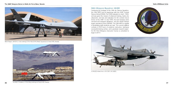 A page from "The USAF Weapons School at Nellis Air Force Base Nevada" by Schiffer Publishing, Ltd. displays photos of drones, a propeller plane, fighter aircraft, a unit patch, and text about the 556th Weapons Squadron.