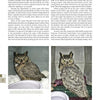 A page from "The Great Horned Owl" by Schiffer Publishing, Ltd. features two carrier photos of a Great Horned Owl, with text on safely handling and caring for injured North American owls.
