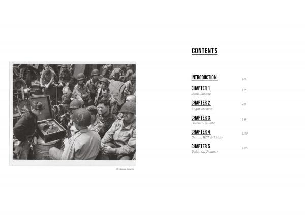Black-and-white photo of soldiers in vintage military jackets around a record player. On the right, the table of contents for Rugged Style War—Rome by Schiffer Publishing, Ltd. lists Introduction and five chapters with page numbers.