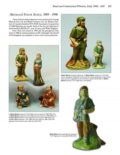 A catalog page from "The World of Wade Whimsies" by Schiffer Publishing, Ltd. displays collectible ceramic miniatures of Robin Hood and Sherwood Forest figures, shown solo or grouped, with details on size and production years.