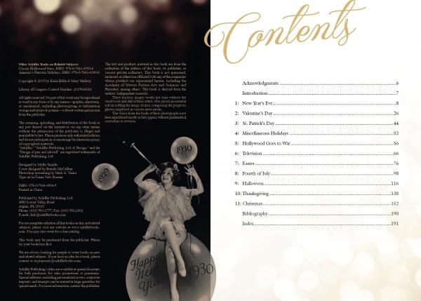 The cover of Hollywood Celebrates the Holidays from Schiffer Publishing, Ltd. features a glamorous vintage woman atop a “Happy New Year 1930” balloon, beside decorative text and a table of contents listing holidays by page number.