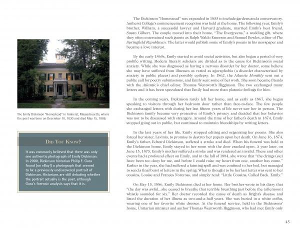 A two-page spread from "America's Literary Legends" by Schiffer Publishing, Ltd. features a photo of the Dickinson Homestead with a "Did You Know?" box and text highlighting Emily Dickinson's impact on American literature.