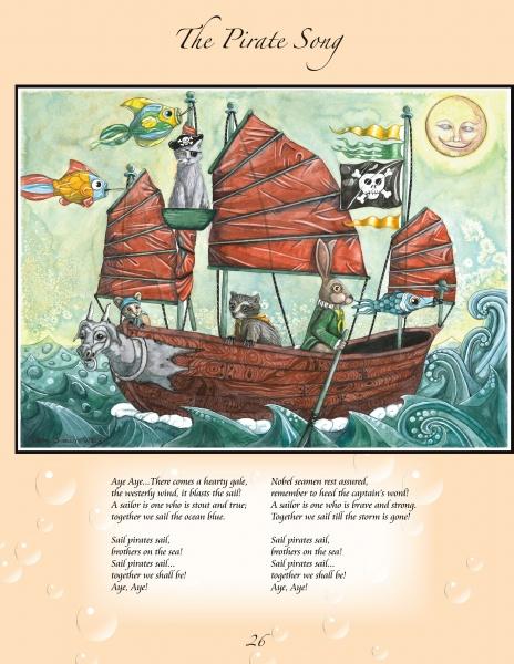 Whimsical watercolor-style illustration: animals as pirates sail a red junk ship with a skull flag on wavy seas. "The Fairy's Song," from Schiffer Publishing, Ltd., is written below—perfect for a poetry picture book.