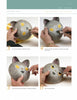 Time for Gourds by Schiffer Publishing, Ltd. features a four-step photo guide to painting a cat face on a gourd, with detailed instructions for the mouth, shaded eyes, whiskers, and pupils—ideal for home decor or creative clock projects.