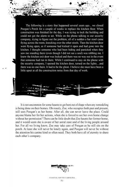 A page from Schiffer Publishing, Ltd.’s "South Carolina Haunts" showcases a kitchen remodeling story, with abstract black splatters above, details on construction challenges, and a mention of paranormal South Carolina at the bottom.