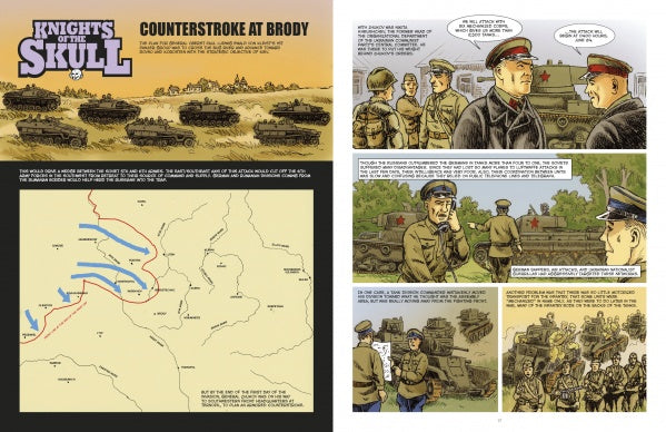 Knights of the Skull, Vol. 2 from Schiffer Publishing, Ltd. is a WWII graphic novel depicting German Panzer forces advancing, troop movement maps, and soldiers briefing groups in front of tanks.