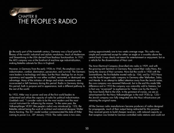 A Schiffer Publishing, Ltd. Deco Radio book page, CHAPTER 8: THE PEOPLES RADIO, explores how vintage German radios (1920s–40s), including affordable models, were linked to Nazi propaganda and shaped society.
