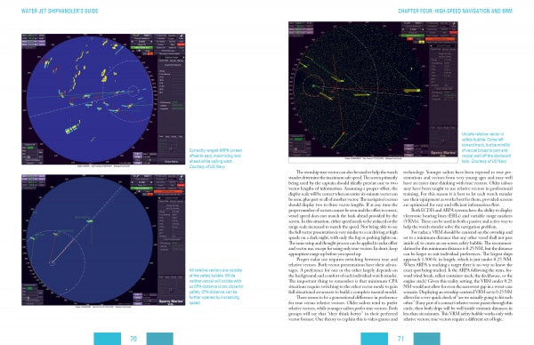 A two-page spread from Schiffer Publishing, Ltd.'s Water Jet Shiphandler's Guide shows radar display screenshots with navigation and vessel tracking info on the left, and a page of text plus a radar image on the right.
