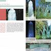 A magazine spread showcases "Sculpture and Design with Recycled Glass" by Schiffer Publishing, Ltd., featuring Jolly Wahlstrom's glass obelisk and wave forms in outdoor settings, with text and captions about the artist and her work.