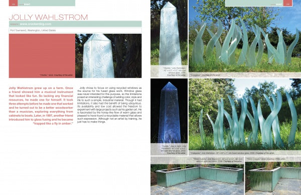 A magazine spread showcases "Sculpture and Design with Recycled Glass" by Schiffer Publishing, Ltd., featuring Jolly Wahlstrom's glass obelisk and wave forms in outdoor settings, with text and captions about the artist and her work.