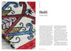A close-up of a sequined Vodou flag, displaying intricate beadwork in red, blue, gold, and black—an exquisite handmade textile featured in "Threads Around the World" by Schiffer Publishing, Ltd. alongside text on Haitian Vodou flags.