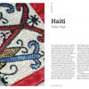 A close-up of a sequined Vodou flag, displaying intricate beadwork in red, blue, gold, and black—an exquisite handmade textile featured in "Threads Around the World" by Schiffer Publishing, Ltd. alongside text on Haitian Vodou flags.