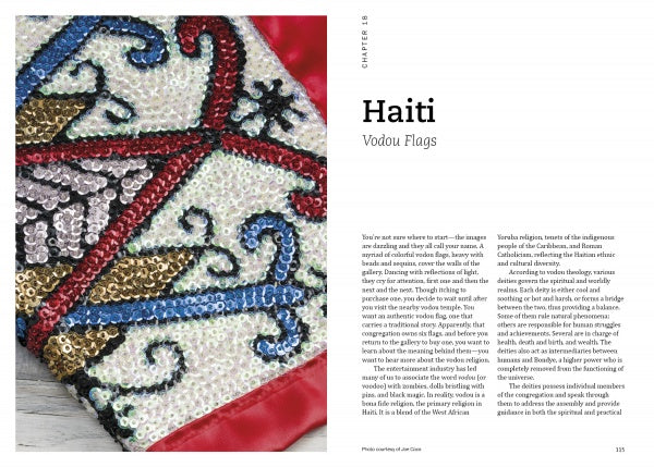 A close-up of a sequined Vodou flag, displaying intricate beadwork in red, blue, gold, and black—an exquisite handmade textile featured in "Threads Around the World" by Schiffer Publishing, Ltd. alongside text on Haitian Vodou flags.