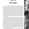 A page from "Chicago Disasters" by Schiffer Publishing, Ltd. titled "Chapter Four: The Trolley" explores Chicago’s EL train system, trolley history, and public transit challenges, set against a blurred train track background.