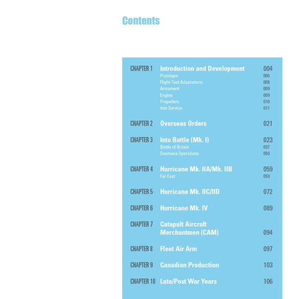 Table of contents page for "Hawker Hurricane" by Schiffer Publishing, Ltd., featuring blue section titles and page numbers. Topics include WWII aviation: Introduction, Battle of Britain, Hurricane models, Fleet Air Arm, Canadian Production, and Postwar Years.