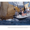 Sailing Fascination" by Schiffer Publishing, Ltd. captures an American-flagged white ship named America gliding in a regatta, her crew tending tan sails over blue water—a stunning example of yachting photography.