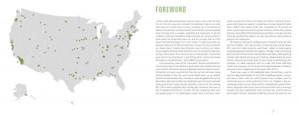 A map of the U.S. covered with green dots, mainly on coasts and in major cities, highlights traditional barbershops. To the right, "Foreword" appears above a text block. Product: Barbershops of America by Schiffer Publishing, Ltd.
