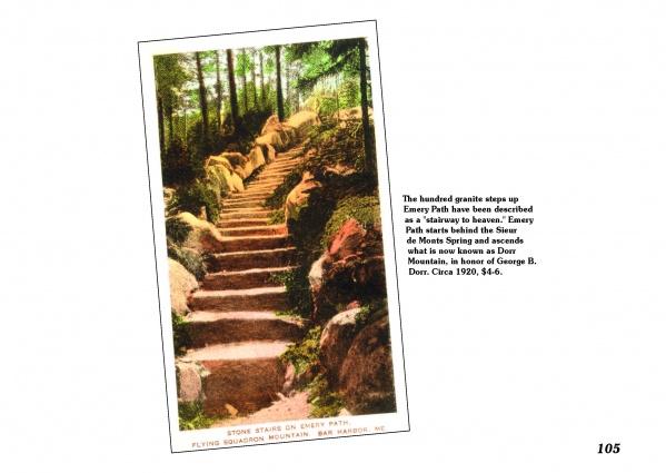 Schiffer Publishing, Ltd.'s "Greetings from Bar Harbor" postcard features 1920s-era granite steps on Emery Path near Acadia National Park—a scenic collectible for postcard enthusiasts.