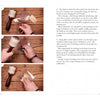 A six-step photo guide in Schiffer Publishing, Ltd.'s Leathercraft shows hands using tools to cut, smooth, and prepare leather, highlighting crafting techniques with text instructions and a strip of finished leather.