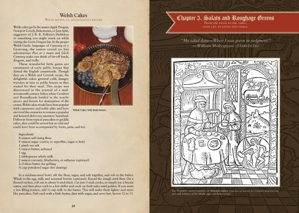 A two-page spread from "Medieval Cooking in Today's Kitchen" by Schiffer Publishing, Ltd.: left page shows a Welsh Cakes recipe with a color photo of golden-brown cakes and blueberries, right page features a medieval-style black-and-white illustration.