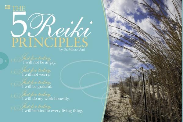 A sandy dune with dry grass and a blue sky appears next to elegant text listing the 5 Reiki Principles in soft pastels, reflecting healing themes of gratitude, honesty, kindness, and peace. Product: Watercharms by Schiffer Publishing, Ltd.