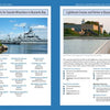 Two pages from Lighthouses and Coastal Attractions of Southern New England (Schiffer Publishing, Ltd.) show Buzzards Bay highlights: a docked battleship, a white lighthouse with walkway and lawn, tour info, and contact details.