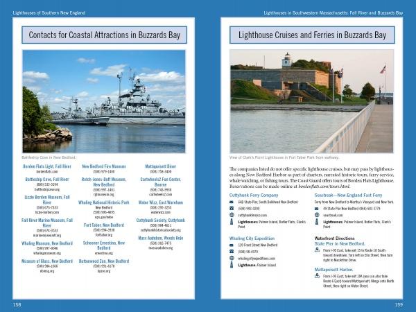 Two pages from Lighthouses and Coastal Attractions of Southern New England (Schiffer Publishing, Ltd.) show Buzzards Bay highlights: a docked battleship, a white lighthouse with walkway and lawn, tour info, and contact details.