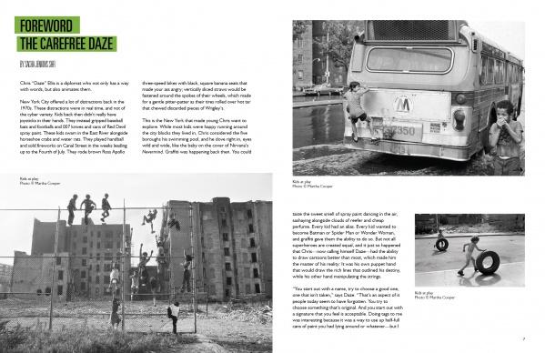 A two-page spread in DAZEWORLD by Schiffer Publishing, Ltd. features vintage black-and-white photos of children playing outdoors, echoing the carefree spirit of early New York graffiti art.