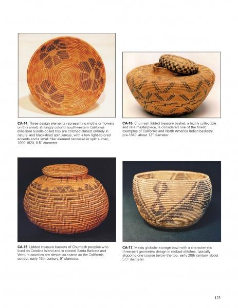 A page features four round American Indian Baskets by Schiffer Publishing, Ltd., each with unique natural-toned patterns reminiscent of vintage Native American artistry. Some baskets have lids, each showcased with individual descriptions.