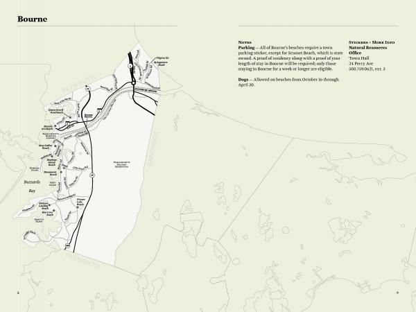 Schiffer Publishing, Ltd.'s Cape Cod Notebook features a map of Bourne with roads, natural features, parking, beaches, notes on permits, dog access, and a Natural Resources contact—perfect for your beach journal or Cape Cod travel guide.