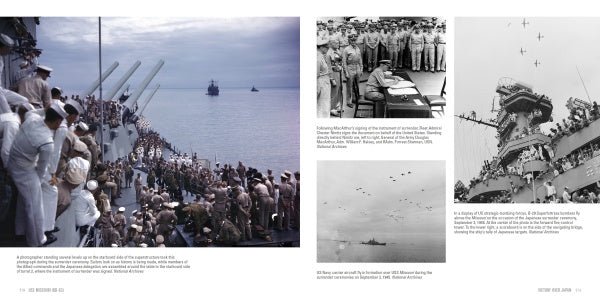 A two-page spread in "USS Missouri (BB-63)" by Schiffer Publishing, Ltd. shows WWII photos: sailors on deck, surrender signing, officers in uniform, ship at sea, and planes above—with text captions for each scene.