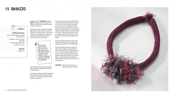 A spread from "From Thread and Wire" by Schiffer Publishing, Ltd. features instructions and a photo of a chunky, dark pink knitted necklace with colorful pompoms—ideal inspiration for your next knitting or jewelry project.