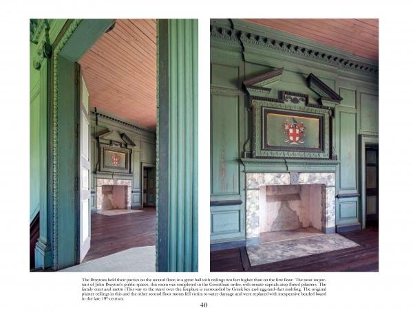Two images depict a stately historic room like those in Lowcountry house museums, with green paneled walls, ornate molding, and a grand fireplace—similar to interiors featured in Lowcountry Plantations by Schiffer Publishing, Ltd.