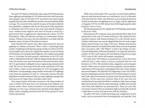Schiffer Publishing, Ltd.'s "UFOs Over Nevada" features two pages on UFO sightings: the left covers Nevada's UFO history and sighting types, while the right introduces the topic. The dense text references well-known extraterrestrial encounters.
