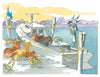 In "Chesapeake Play Day" by Schiffer Publishing, Ltd., two dogs embark on a playful adventure chasing crabs on a docked boat, while birds watch nearby beneath a partly cloudy sky in scenic Chesapeake country.