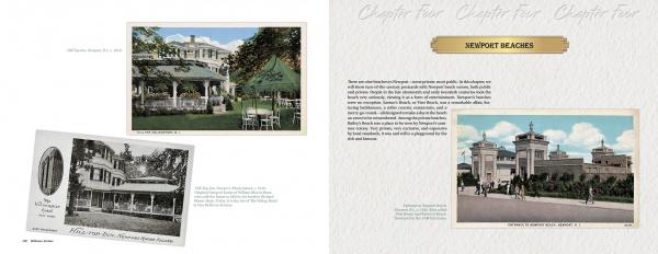 Two pages from "Newport Mansions" by Schiffer Publishing, Ltd.: the left shows vintage photos of a Gilded Age house with veranda and garden chairs; the right, titled “Newport Beaches,” features an iconic seaside Newport mansion.