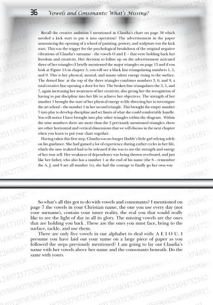 A book page from The Numbers of Your Life by Schiffer Publishing, Ltd. discusses creative ambition, includes a names and numbers chart, and explains how vowels reveal name meaning and influence your life path in numerology.