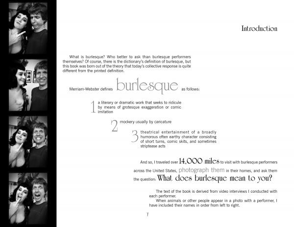 A page from "It's All That Glitters" by Schiffer Publishing, Ltd. features an Introduction, playful black-and-white photo strips on the left, and text defining burlesque, with travel, interviews, and performer perspectives on the right.